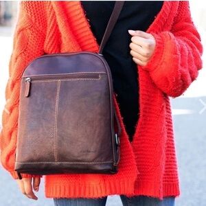 Jack Georges Buffalo Leather Voyager Convertible Backpack EUC Ret $222 Dk Brown